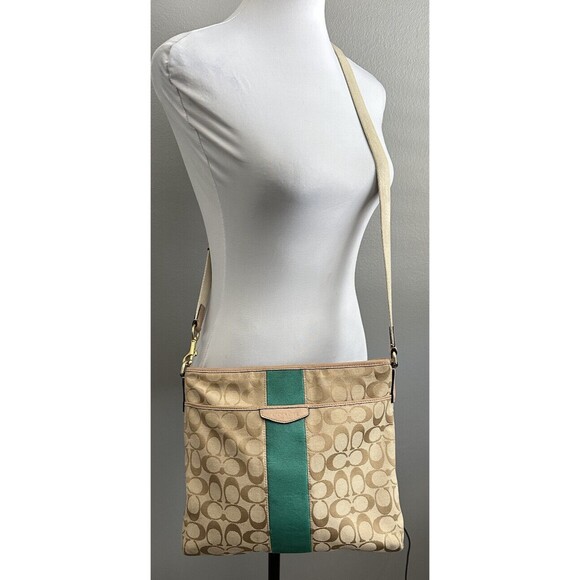 COACH M1392-F28502 Beige Monogram Canvas Medium Crossbody Bag Purse Top zip - Picture 1 of 9